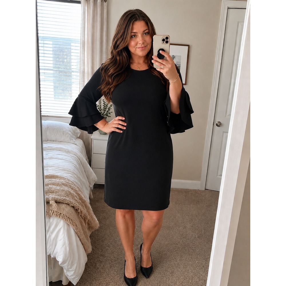 Calvin Klein Womens Shift Dress 20W Black Bell Sleeve Career Classic Office Chic